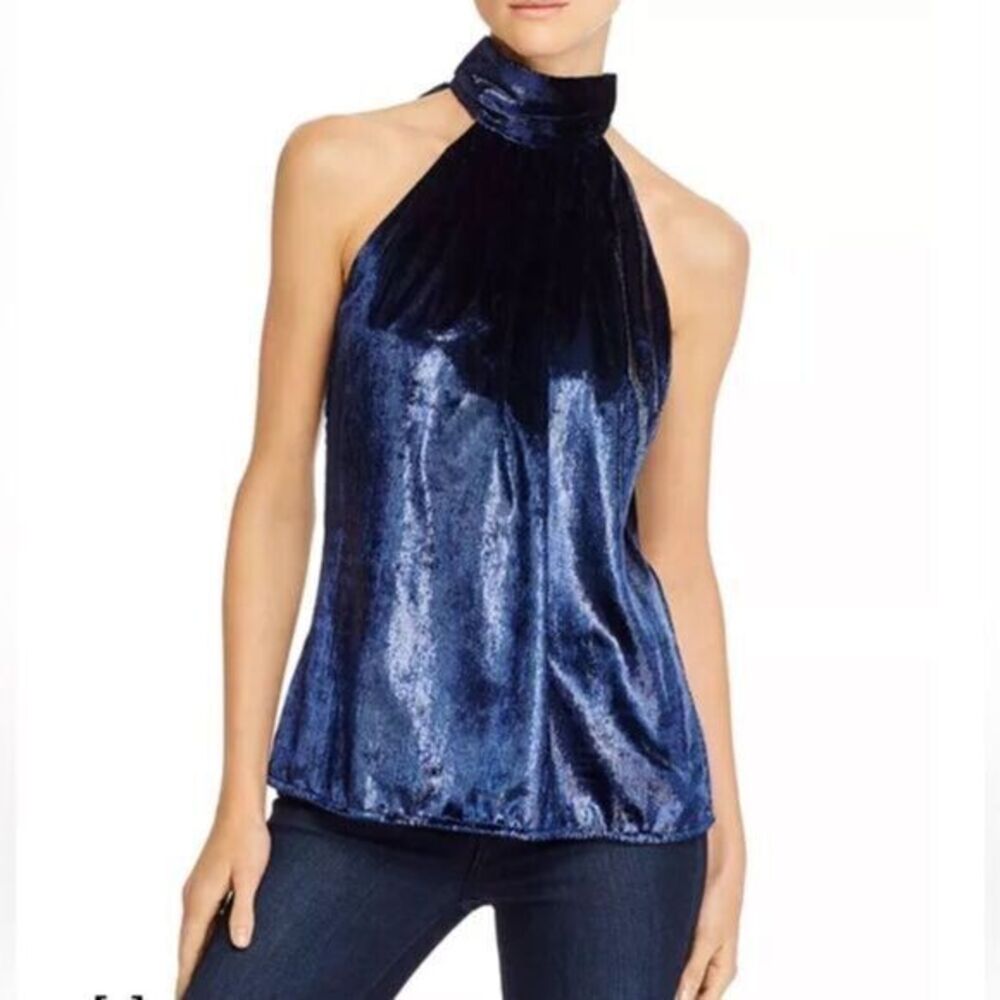 Ramy Brook Pam Midnight Blue Shiny Metallic Halter Top Size Medium